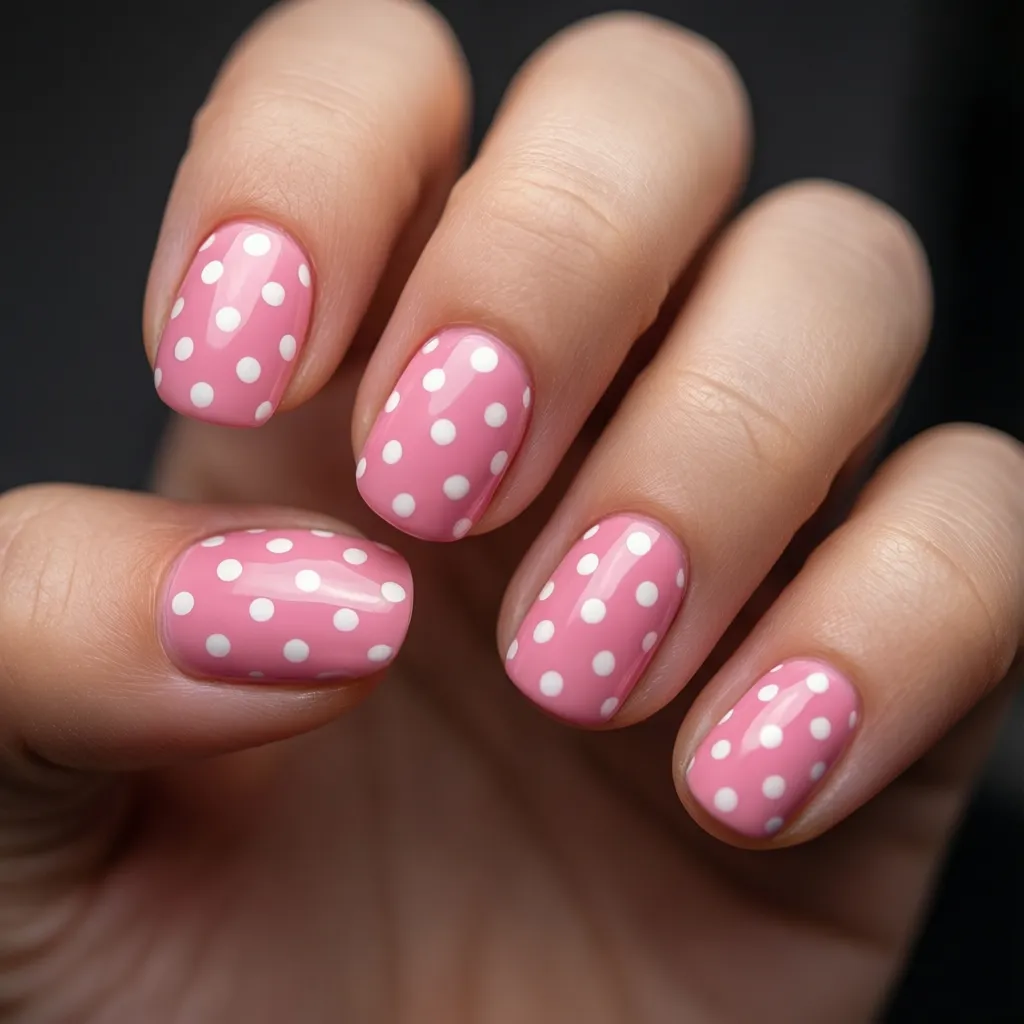 Diseño de uñas con pequeños puntos blancos sobre esmalte rosa