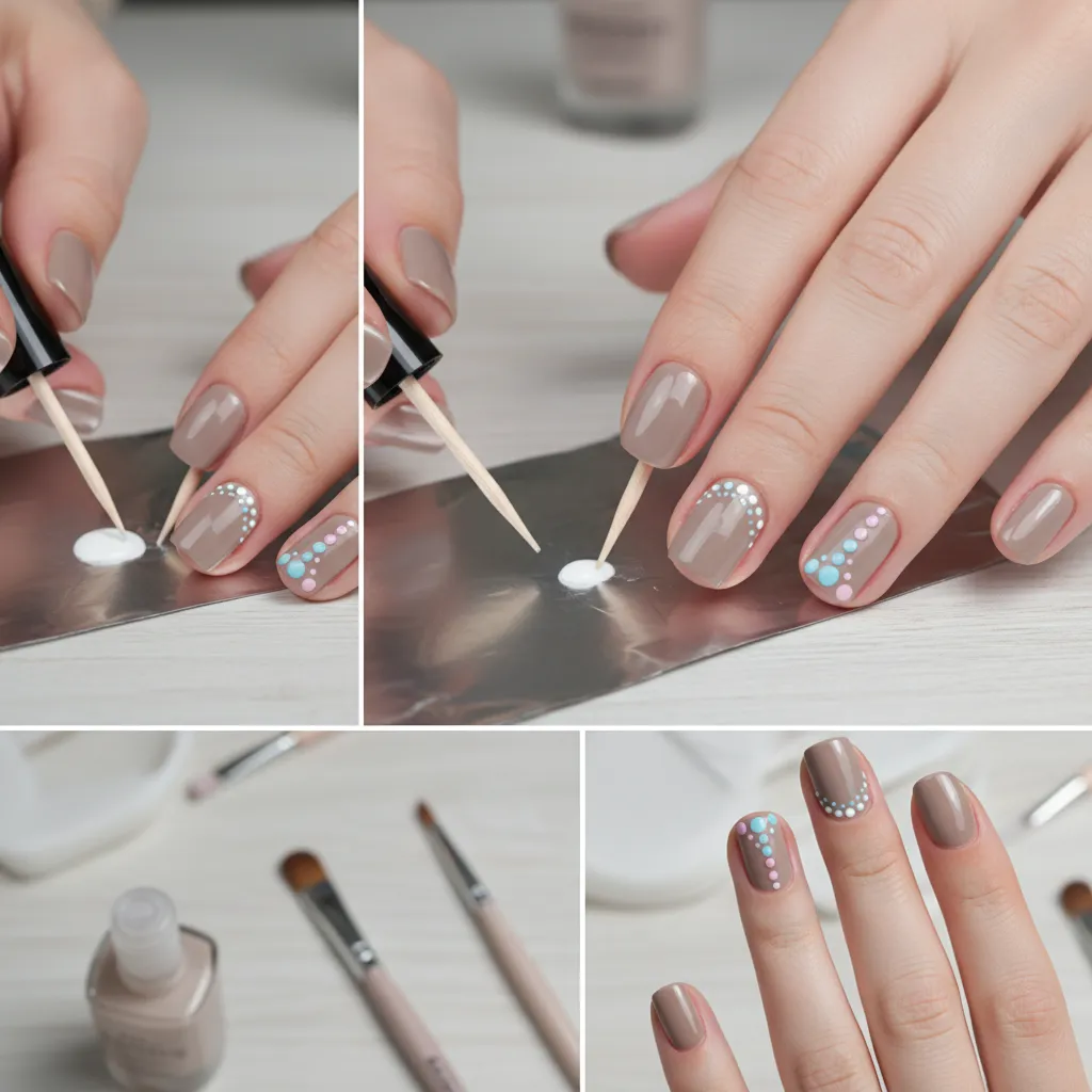 Proceso de hacer puntos en uñas con palillo