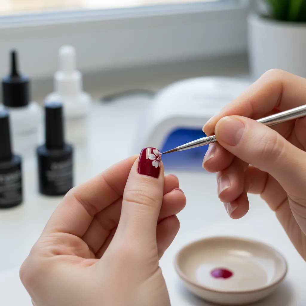 close-up of smudged nail polish decoration being repaired with fine brush