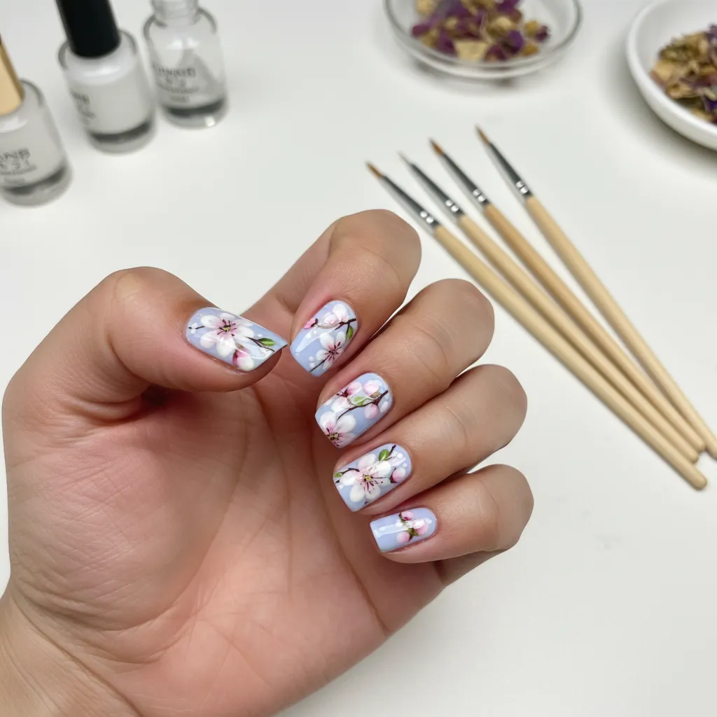Close up of traditional nail polish decoration with hand painted nail art