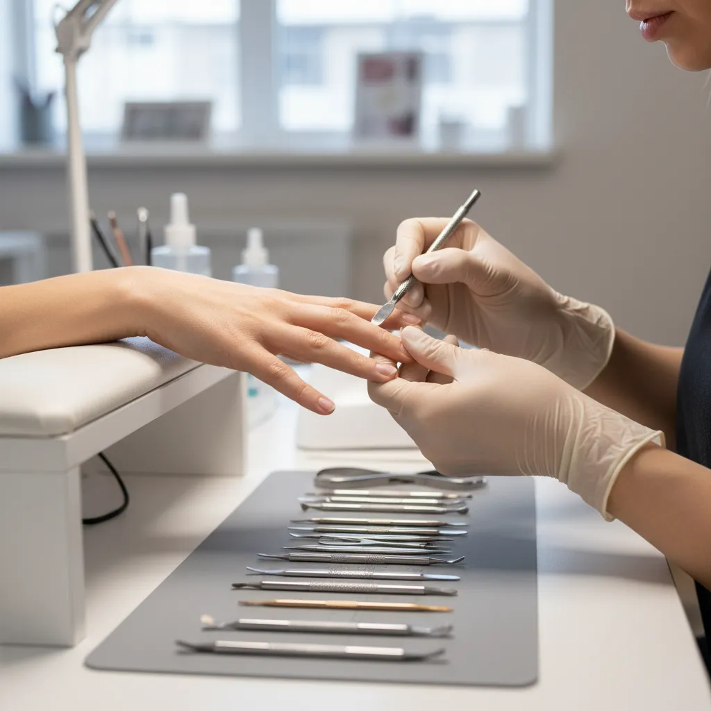 nail technician preparing nails before applying nail polish decoration