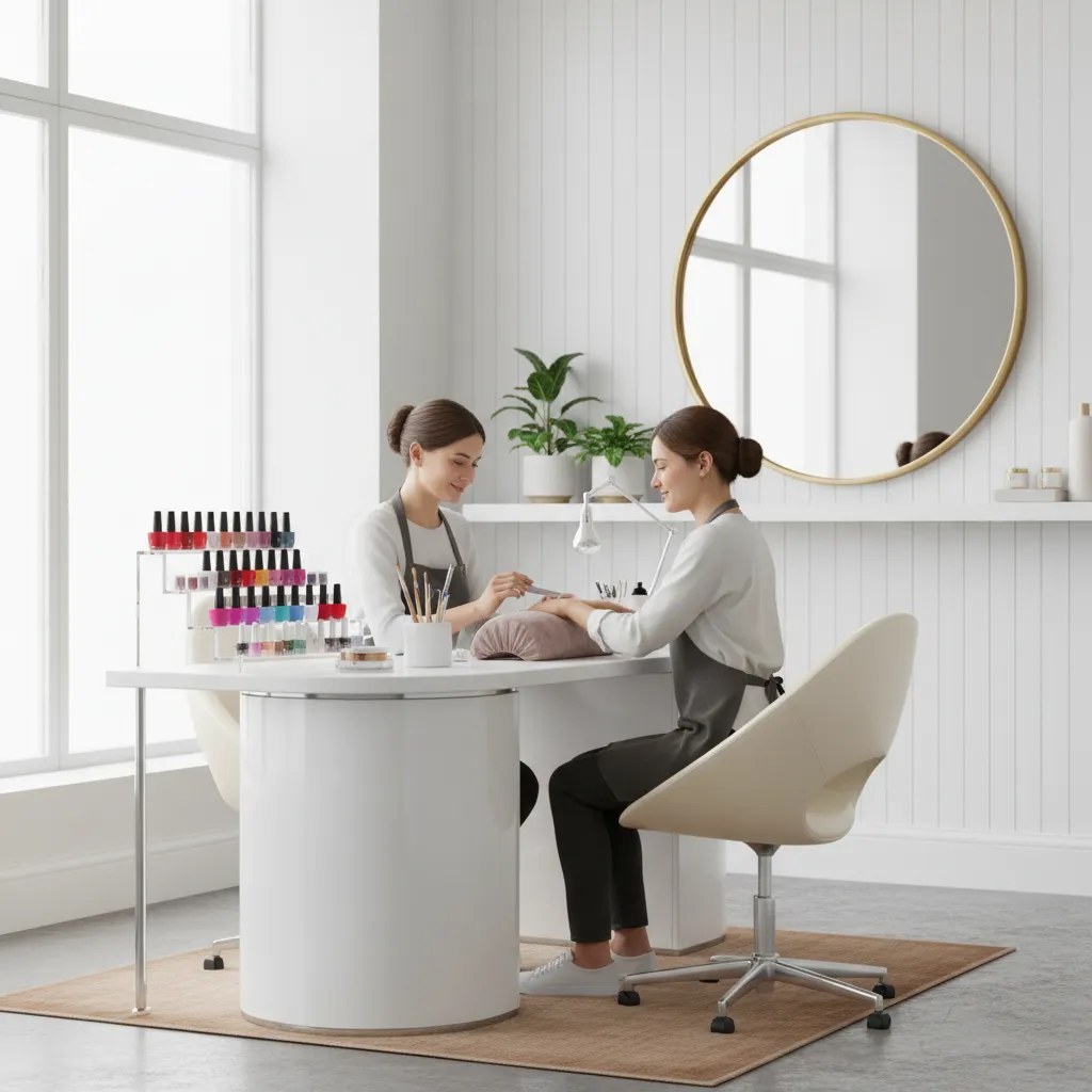 modern nail salon workstation with technician preparing decorative nail polish tools