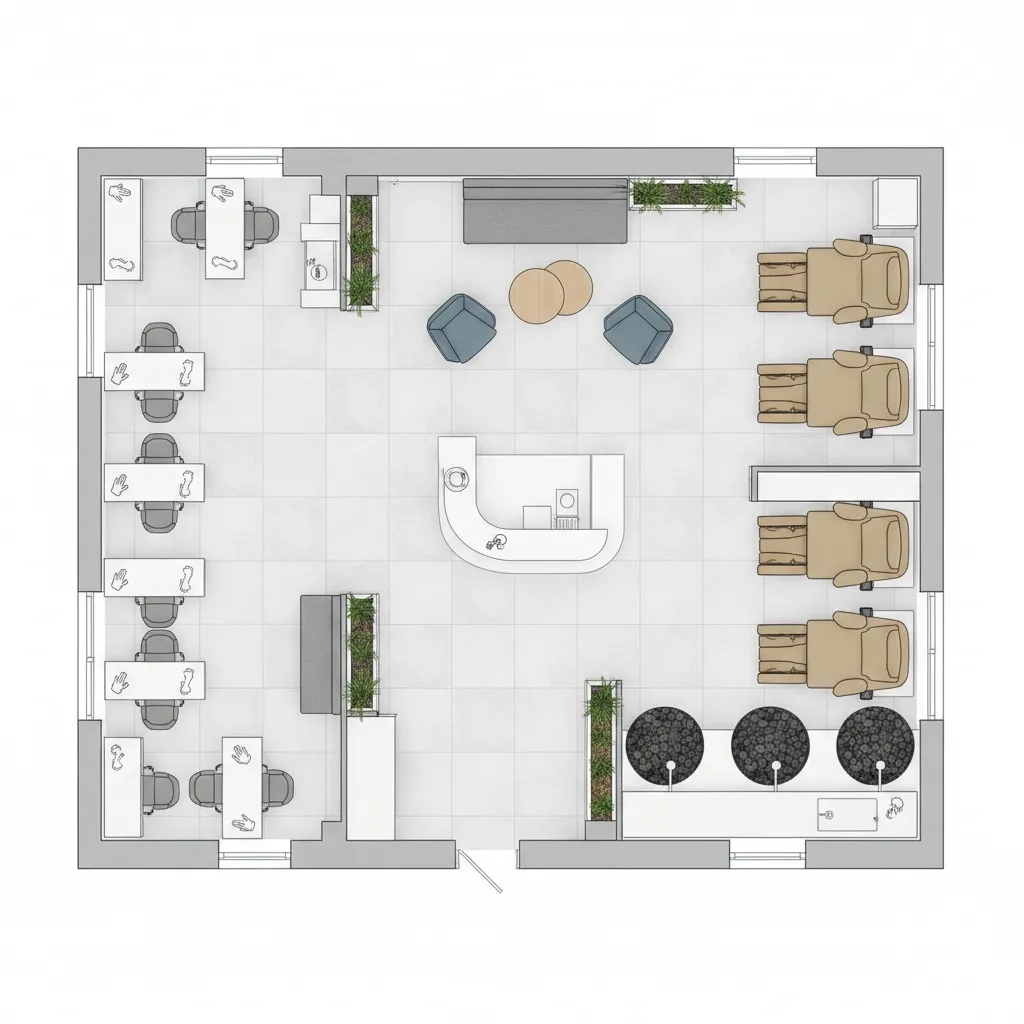 Plano de distribución de un spa de uñas con zonas diferenciadas