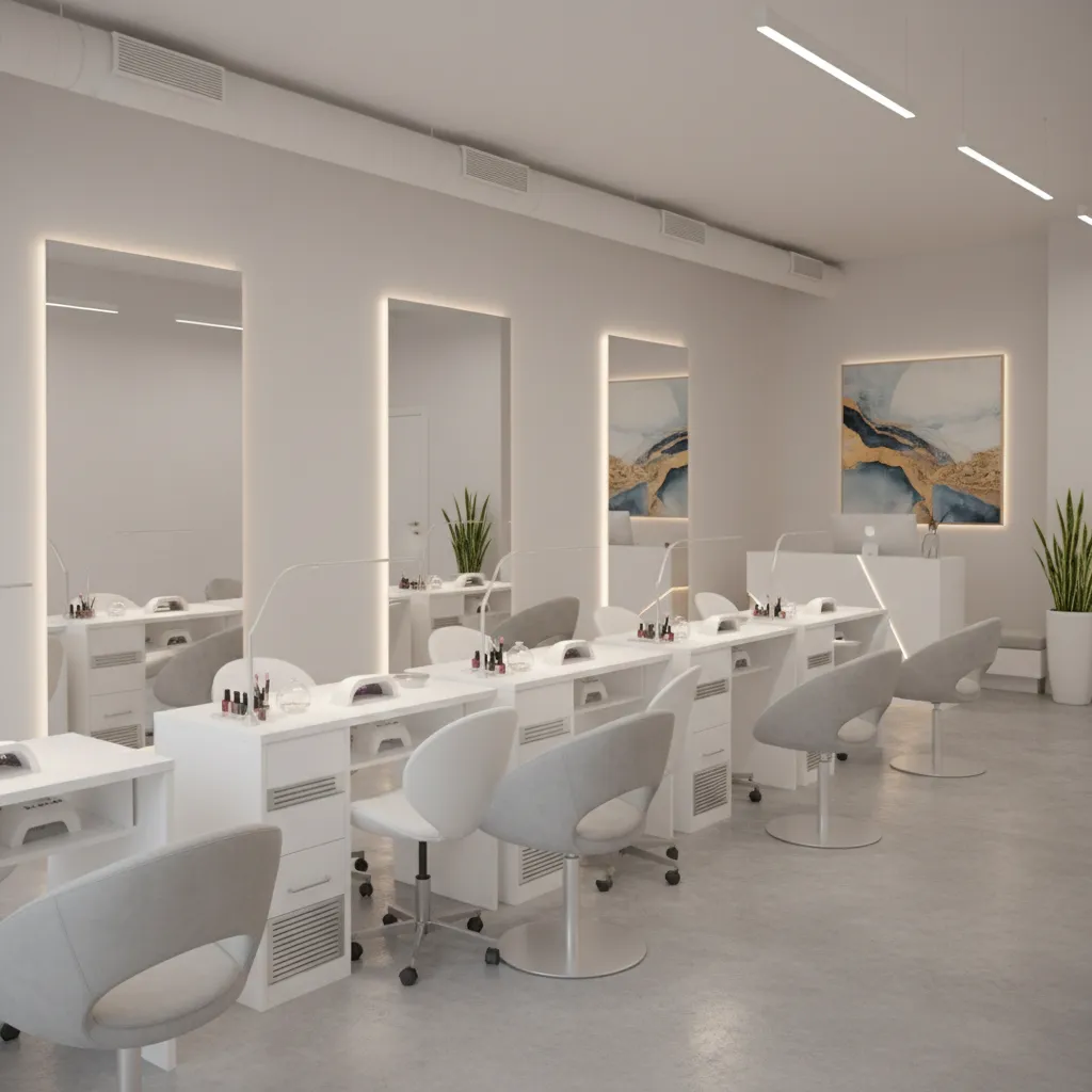 Nail salon manicure desks arranged in organized layout with technician seating