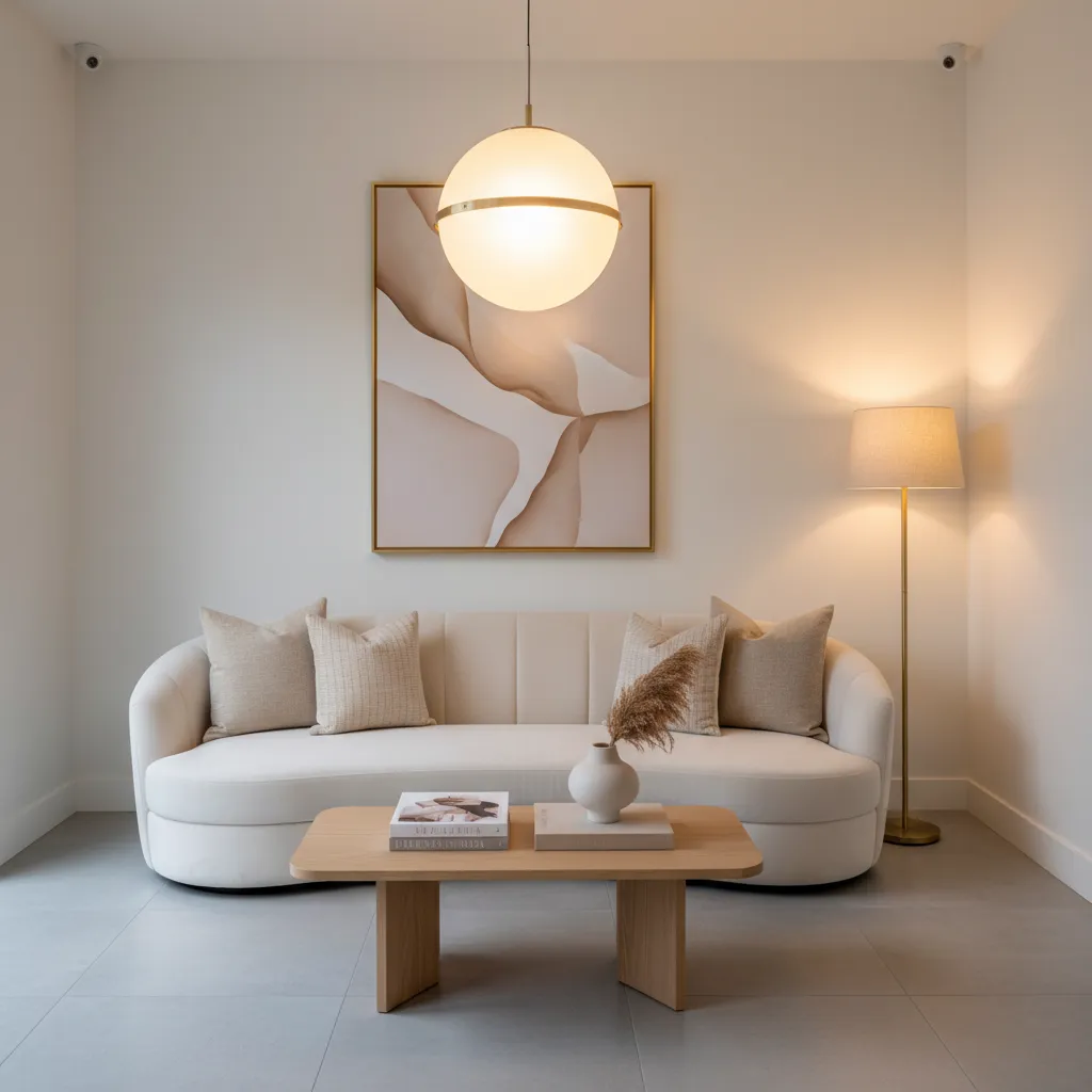 Pequeña zona de espera elegante en un spa de uñas