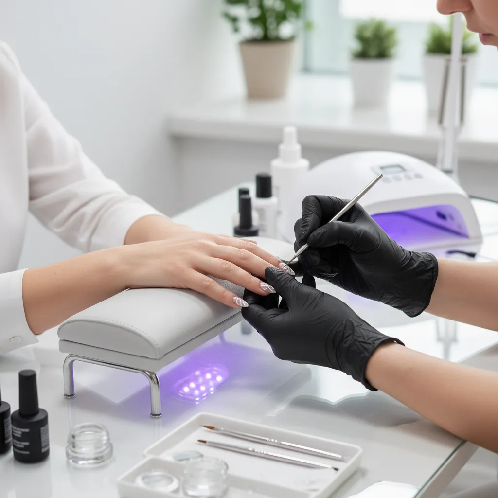 nail technician applying detailed polish design step during manicure workflow