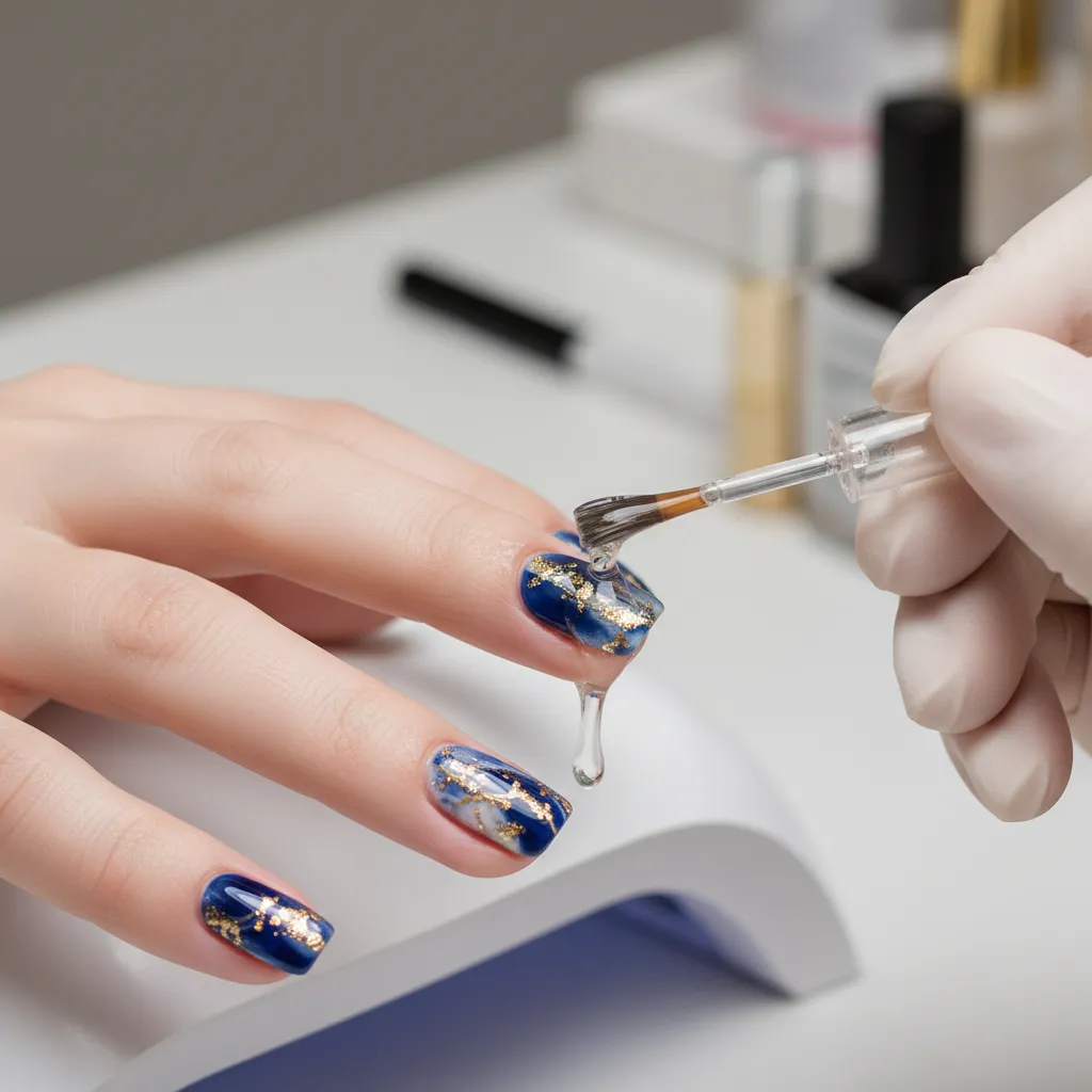 Aplicación de top coat para sellar diseño de uñas