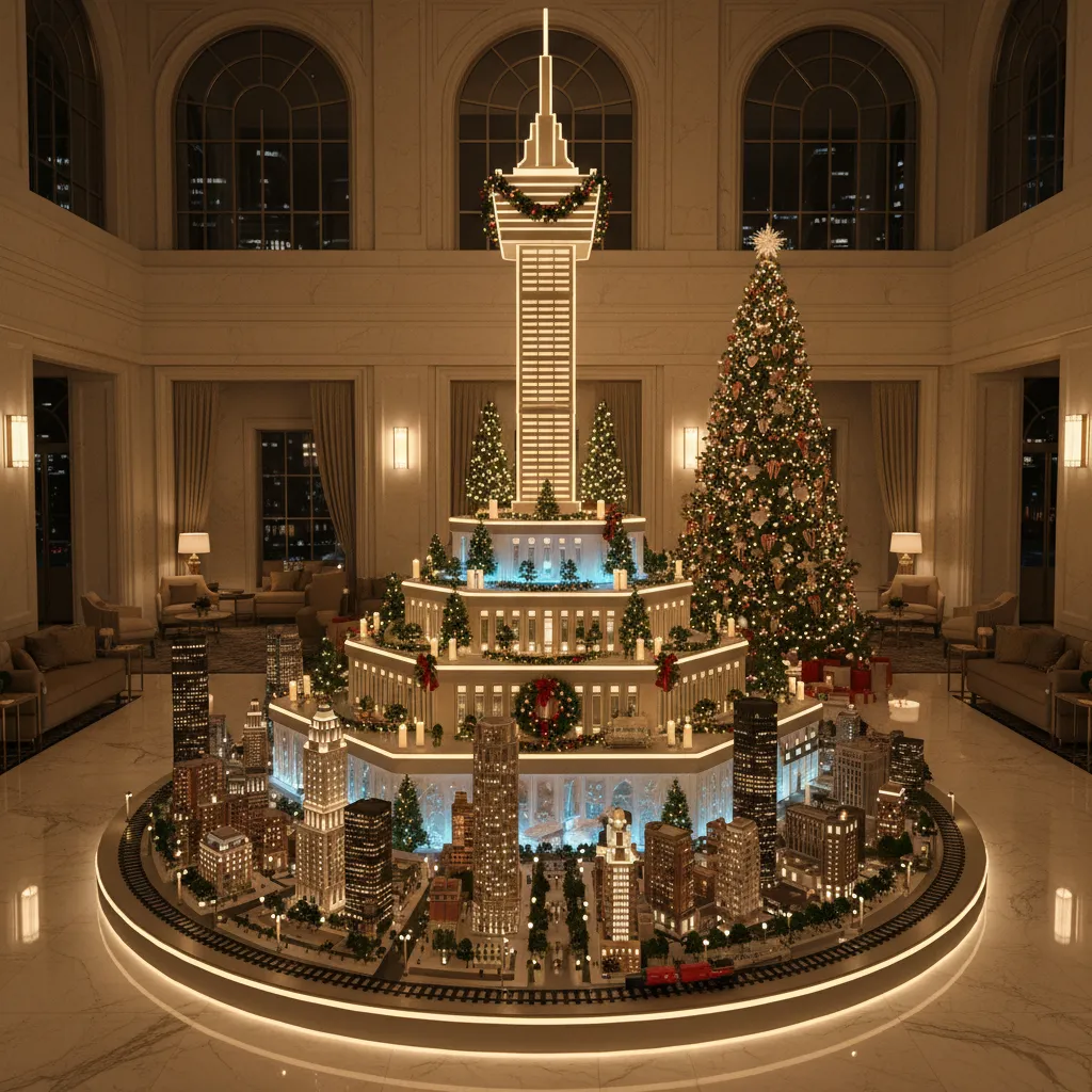 Multi level Christmas decoration scene inspired by Nakatomi Plaza with layered height display