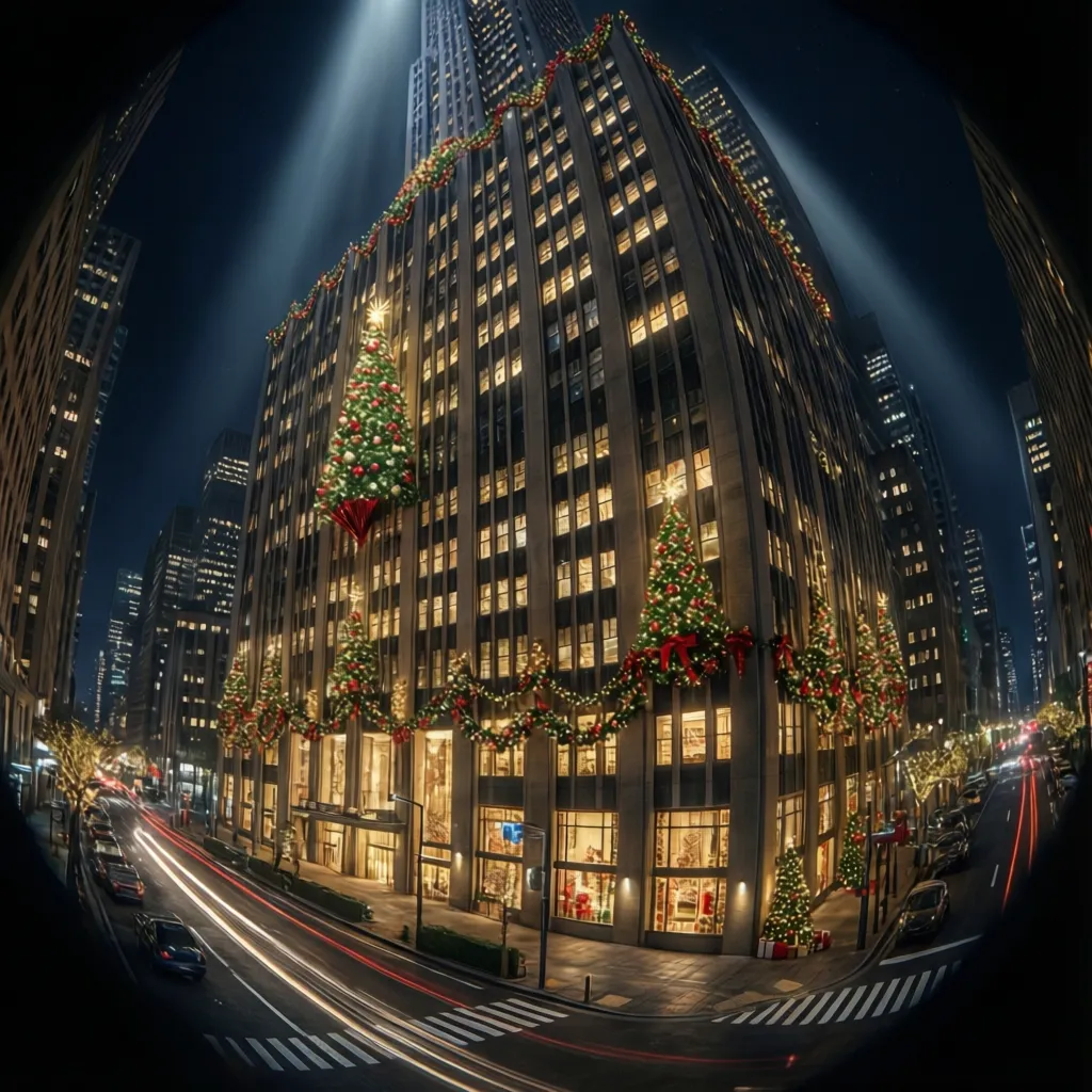 Spotlights and LED lighting illuminating a Nakatomi Plaza Christmas decoration model