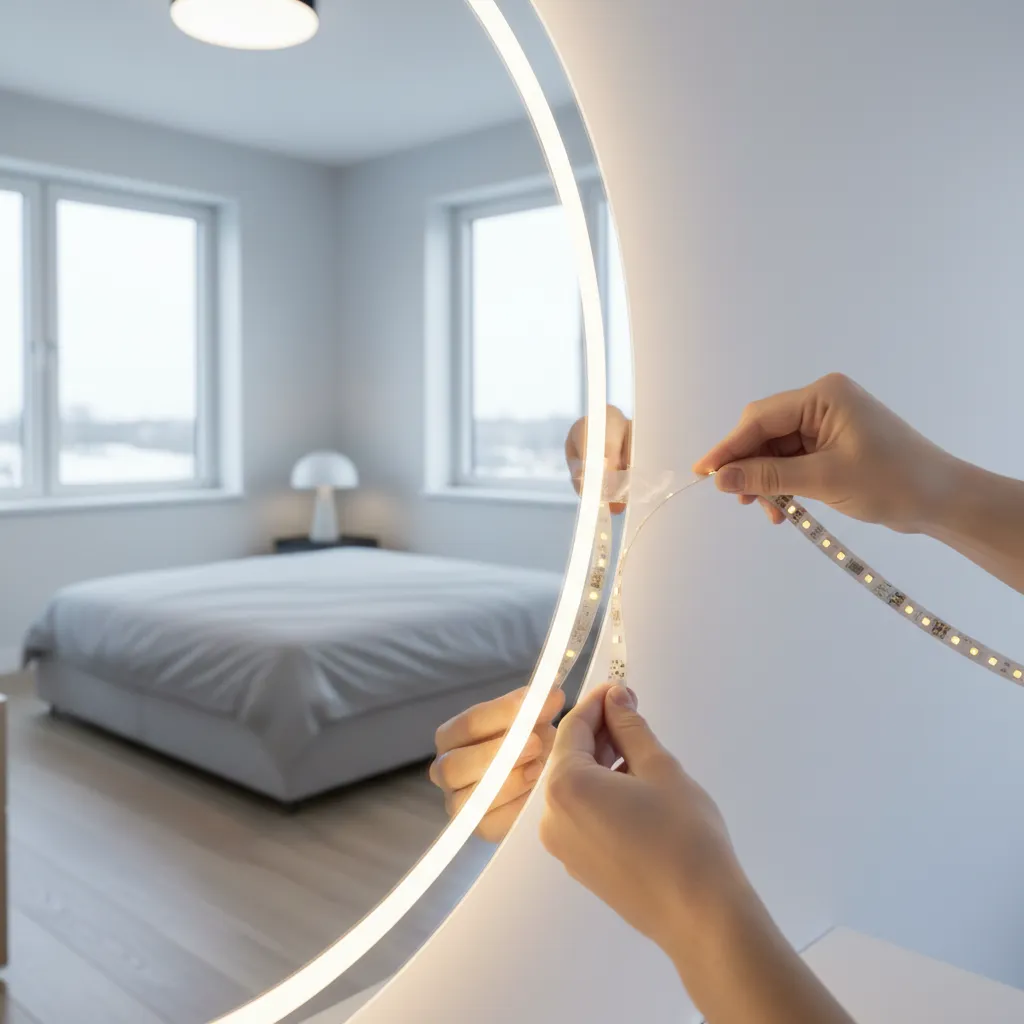 Applying nano tape to secure LED strip lights around a mirror