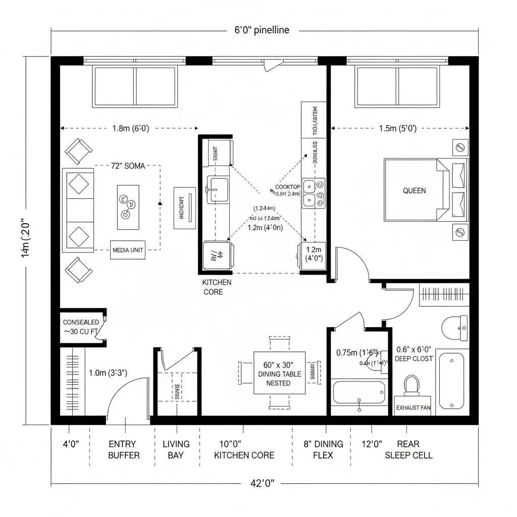 Top-down CAD plan of a 14 by 42 foot narrow row with serial functional bays