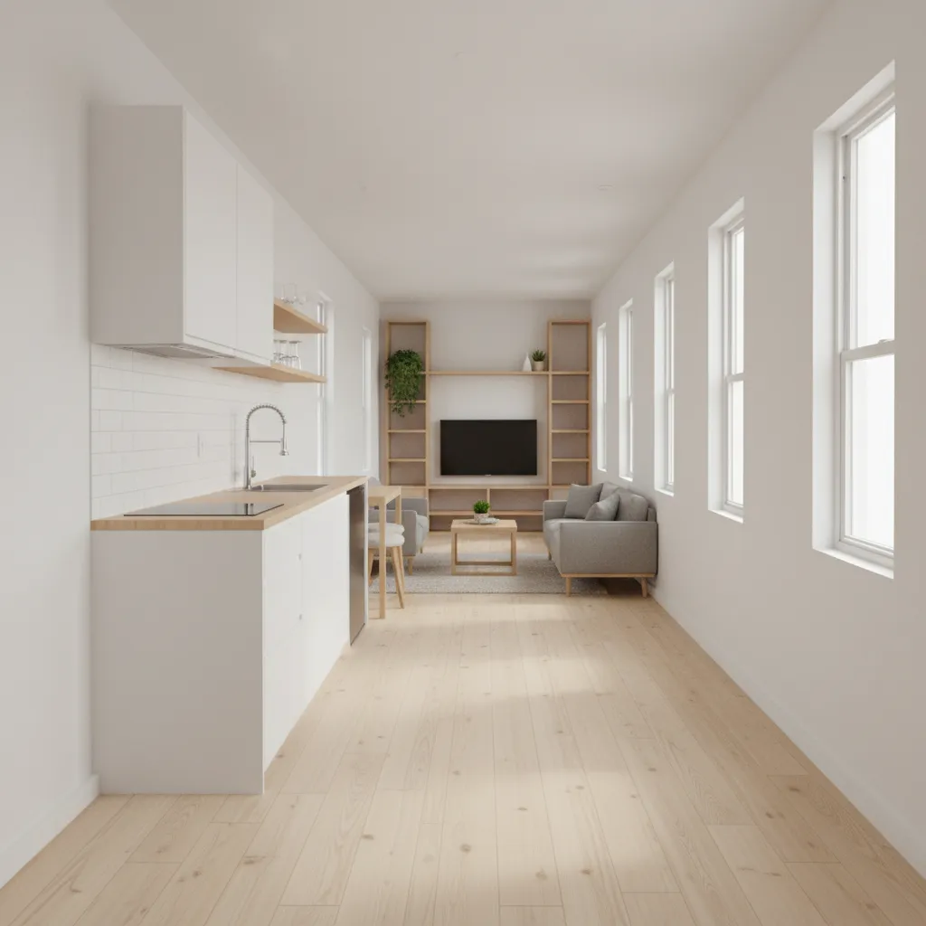 Long narrow interior of a 16x40 tiny house showing living area and kitchen alignment