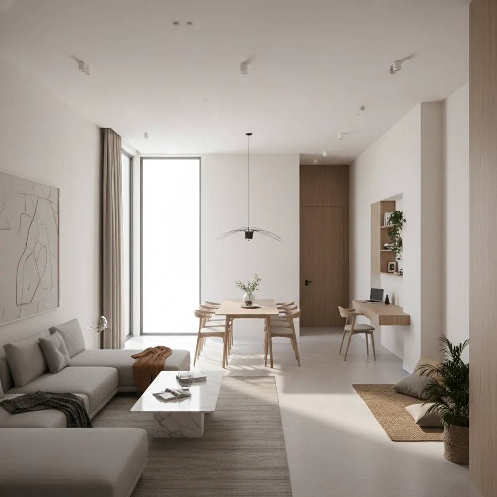 Interior perspective of a narrow 20x60 home showing linear room arrangement
