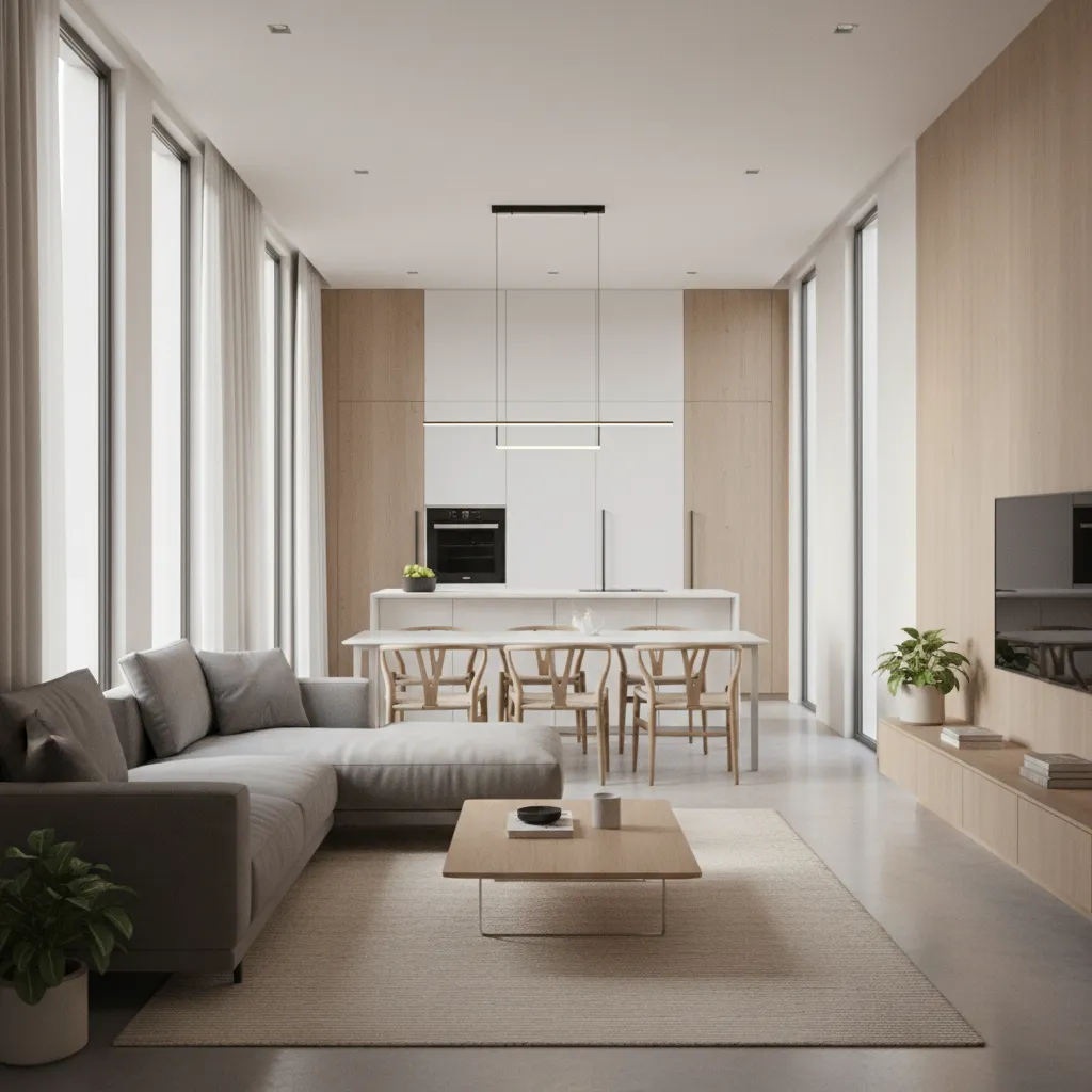 Interior view of a modern narrow 20x60 house living and dining layout