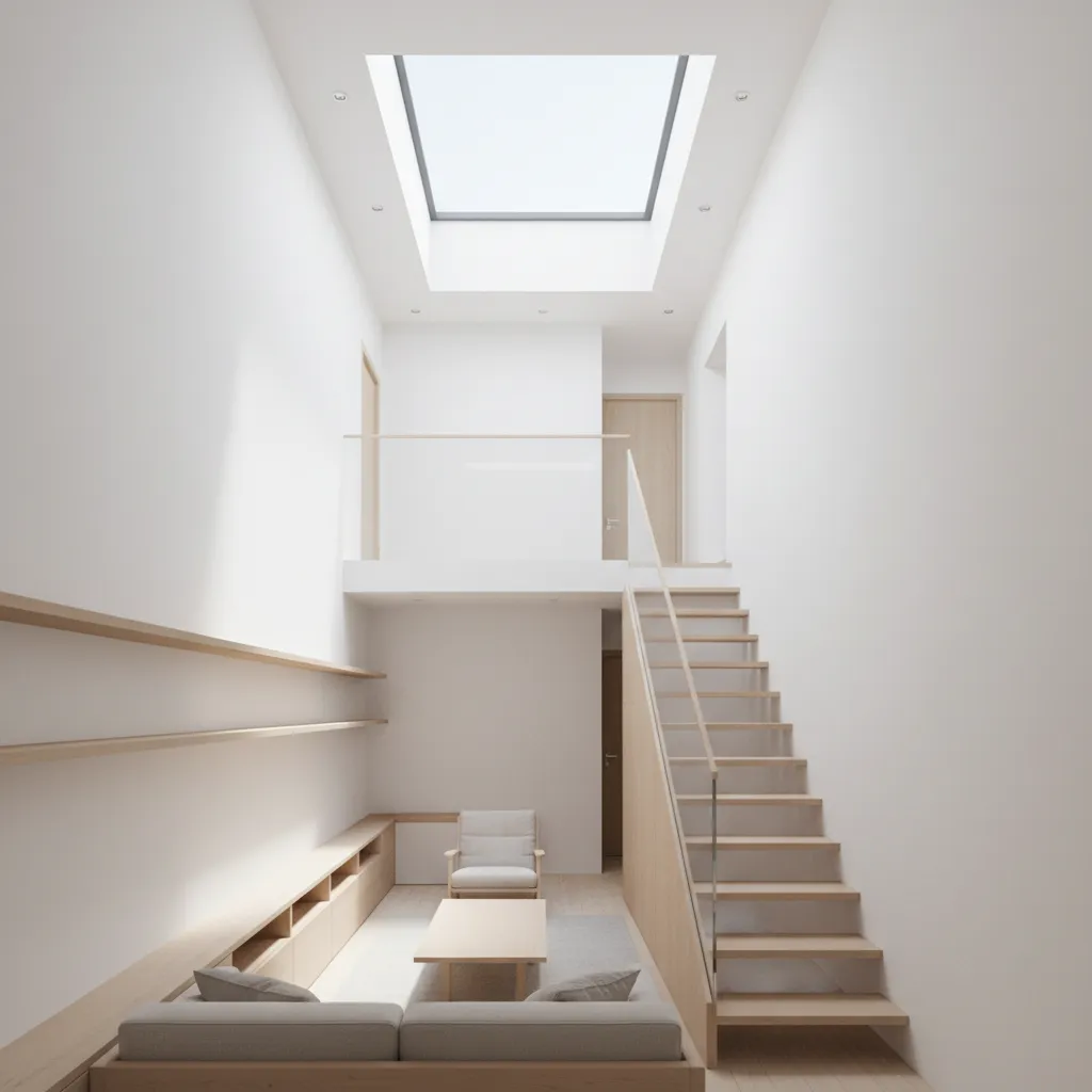 Minimalist room layout with wooden stairs glass railing and natural light from a roof window