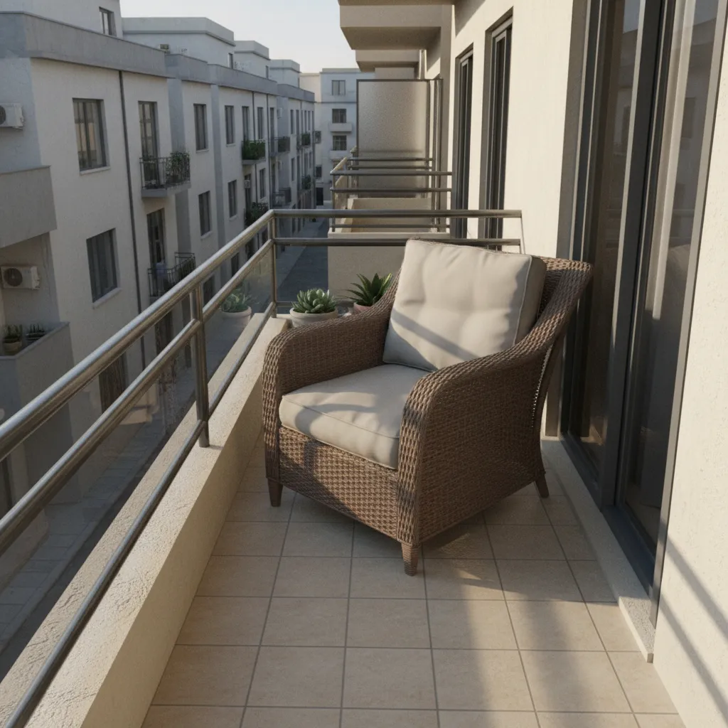 Very narrow apartment balcony with bulky chair blocking walking space