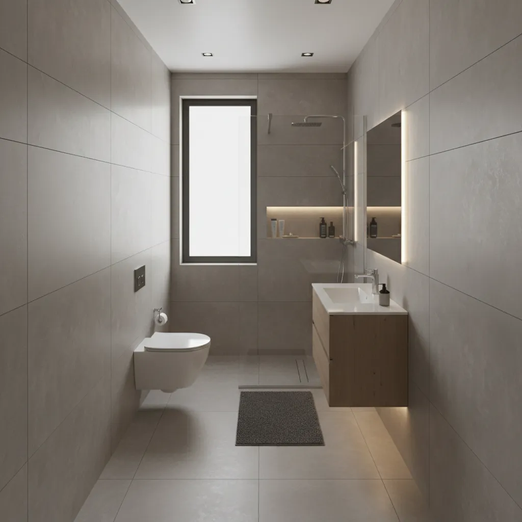Example layout of a narrow 5x12 bathroom with toilet sink and shower