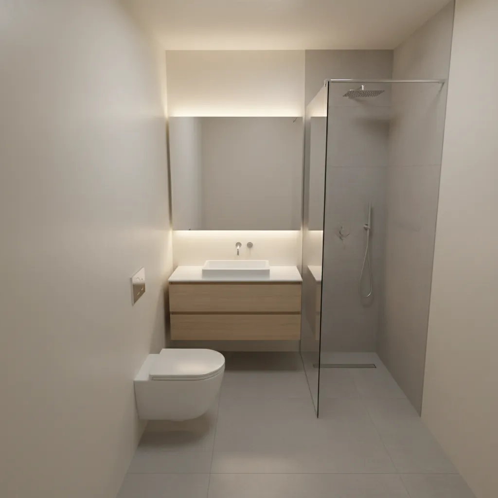 Realistic narrow 5x12 bathroom layout with toilet vanity and shower placement
