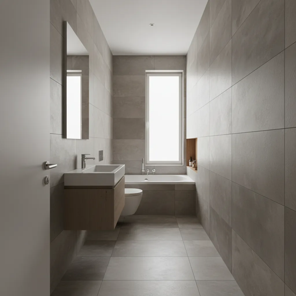 Perspective view of a narrow 5x12 bathroom interior showing limited circulation space