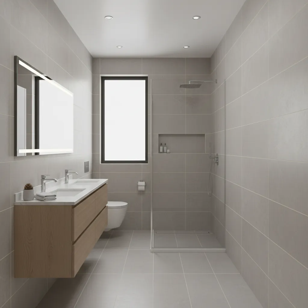 example layout of a narrow 6x12 bathroom with vanity and shower