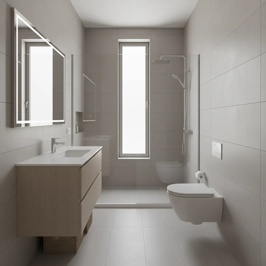 long narrow 6x12 bathroom interior with vanity toilet and shower