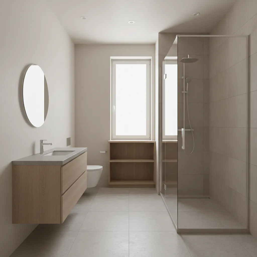 long narrow 6x12 bathroom layout with vanity toilet and shower aligned