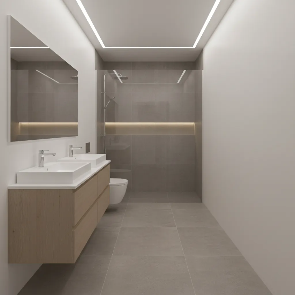 Overview of a narrow 9x5 bathroom interior showing vanity toilet and shower alignment