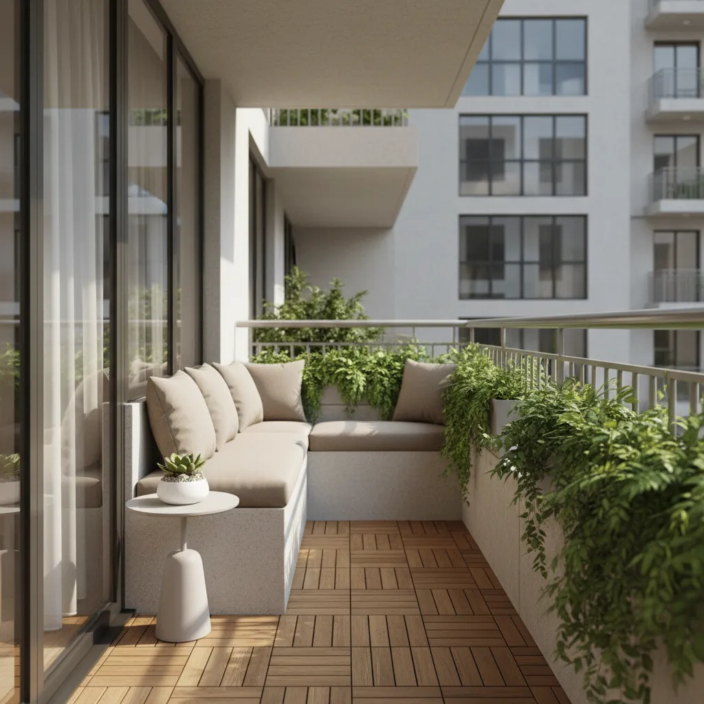Narrow apartment balcony with simple seating and plants along railing