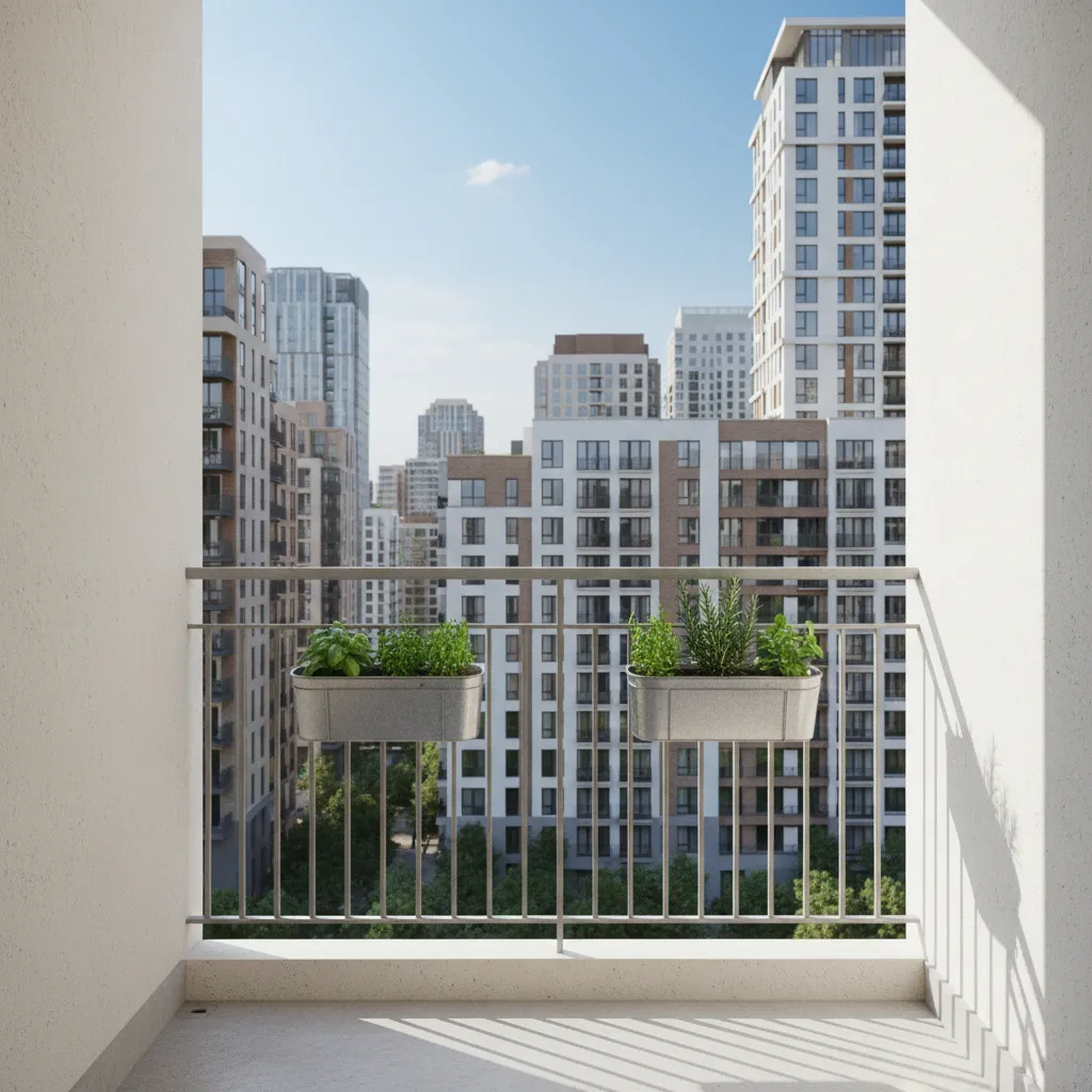 small apartment balcony only two feet deep with simple railing planters and minimal furniture