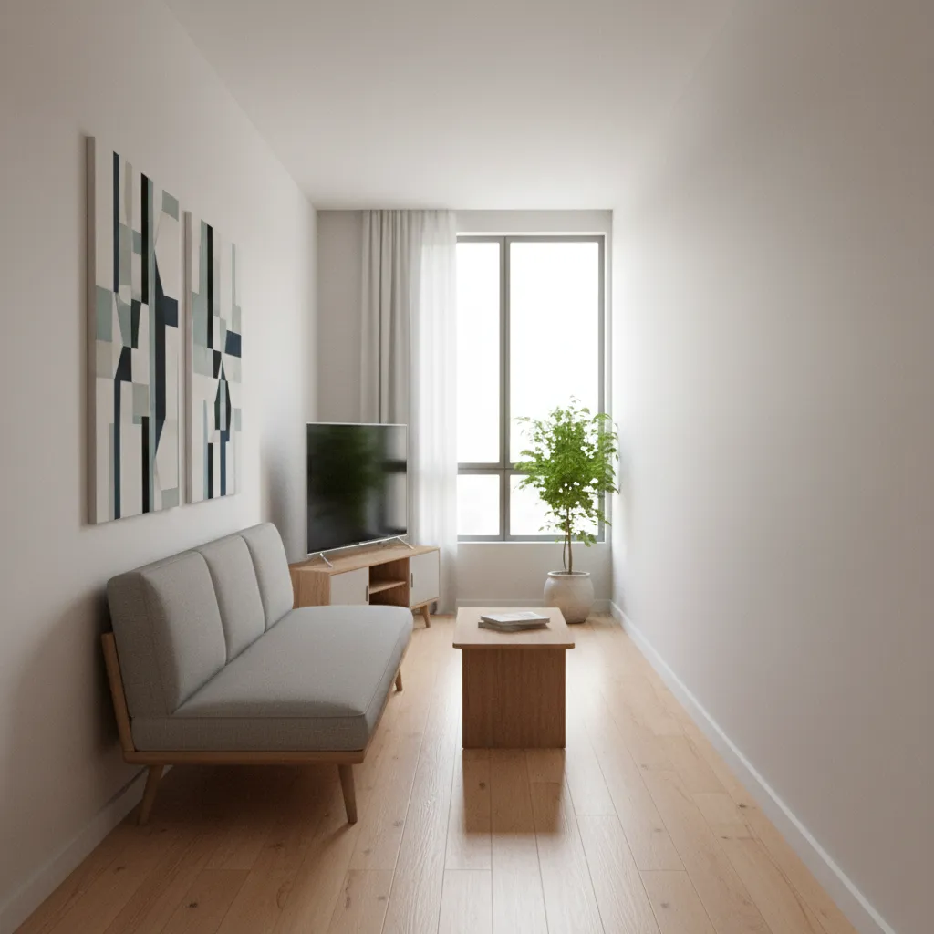 Example of a narrow apartment living room with linear furniture layout