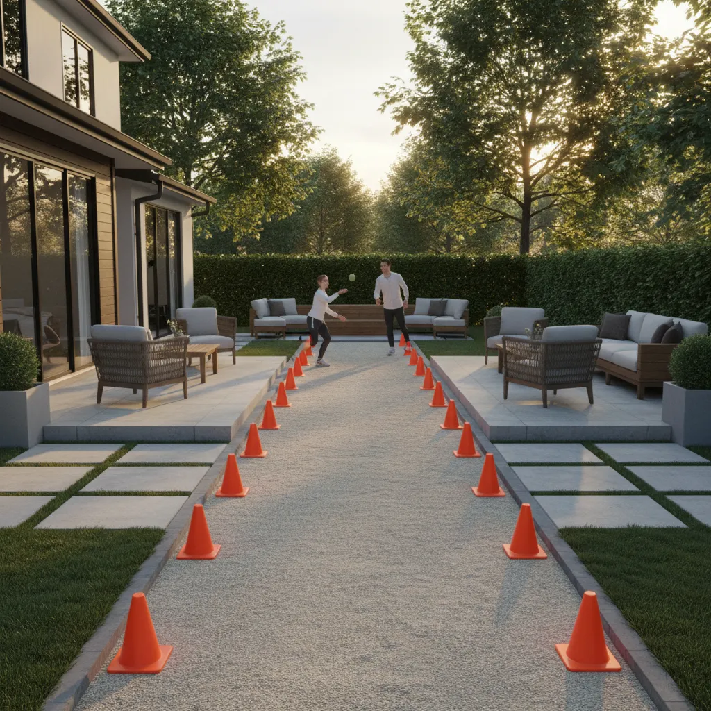 Narrow backyard play lane designed for safe movement during outdoor games