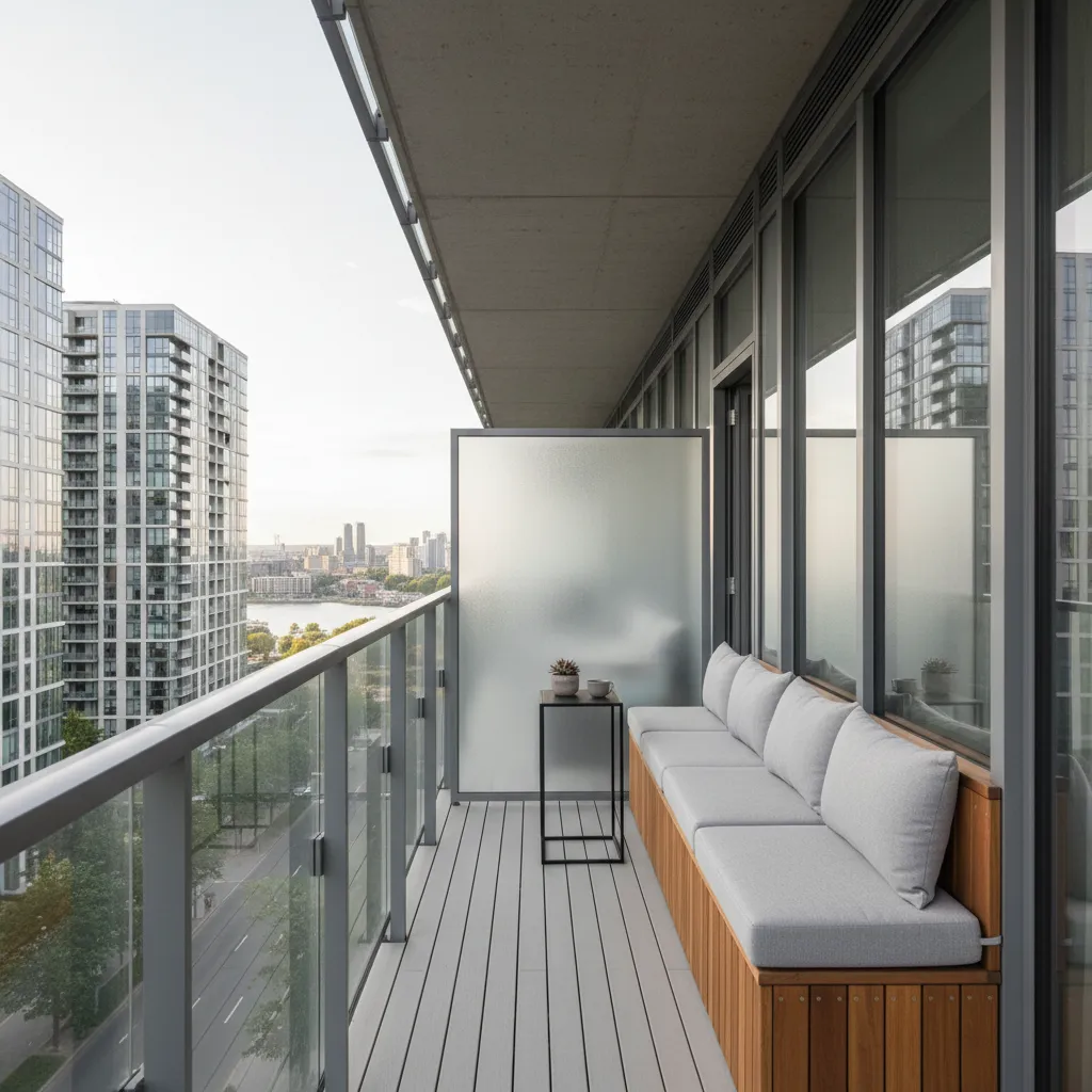 Narrow apartment balcony with wall bench seating