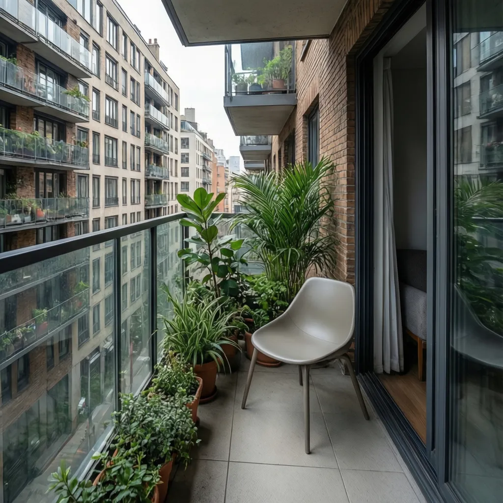 Balcón pequeño con barandilla de vidrio y espacio para plantas
