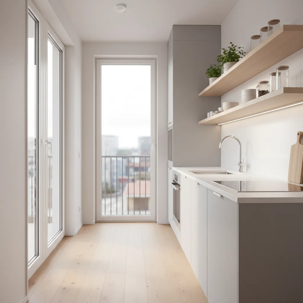 Single wall cabinet layout inside a narrow balcony kitchen