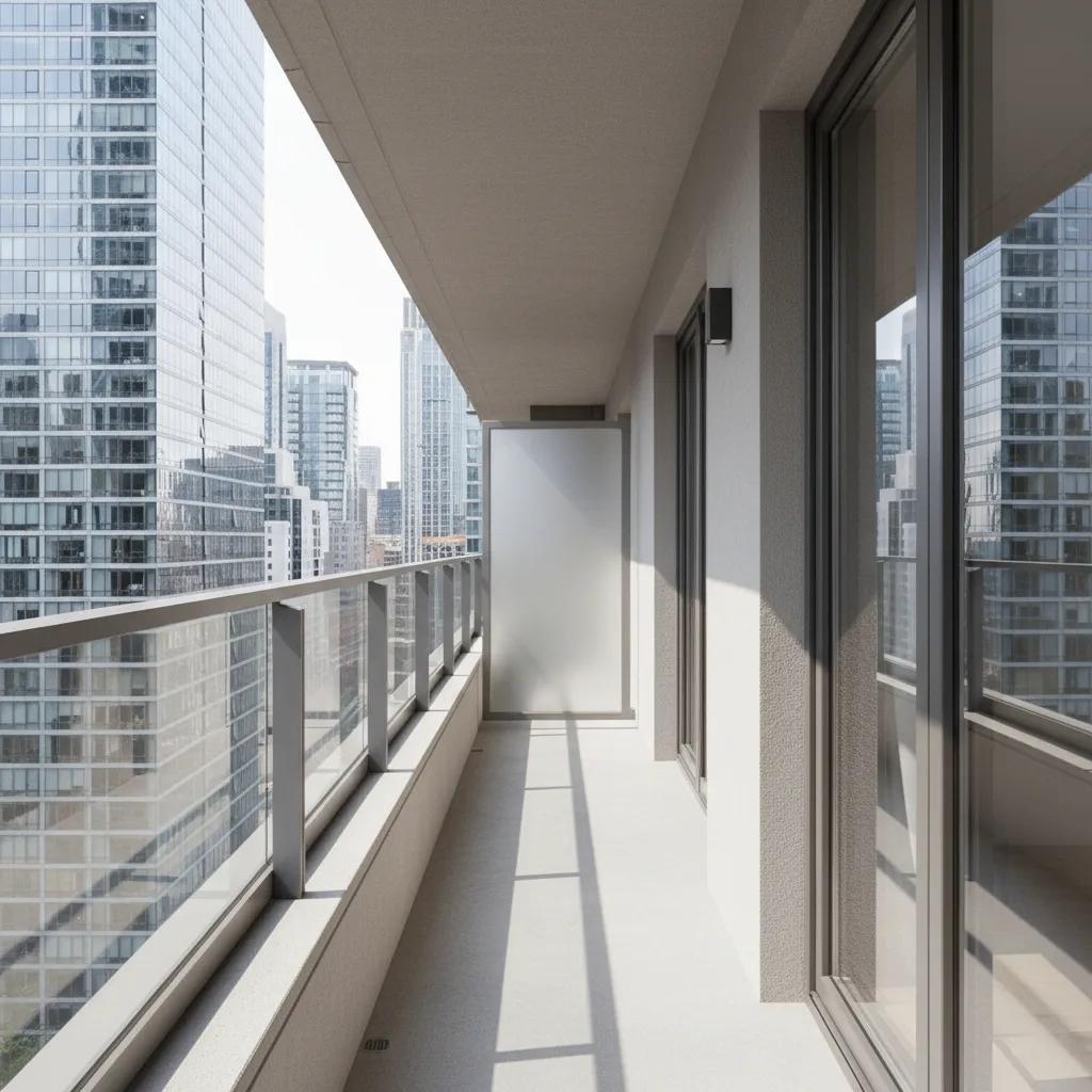 Very narrow apartment balcony layout showing limited walking space