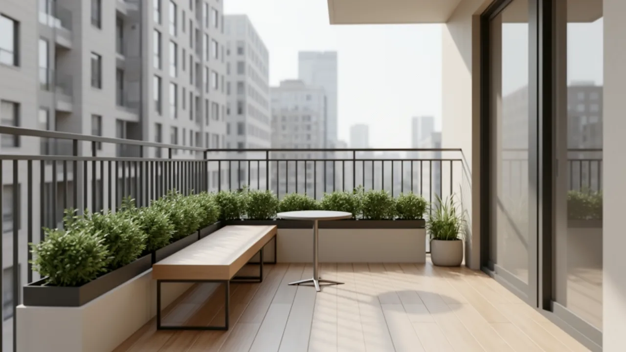 Example of a narrow apartment balcony with slim furniture layout