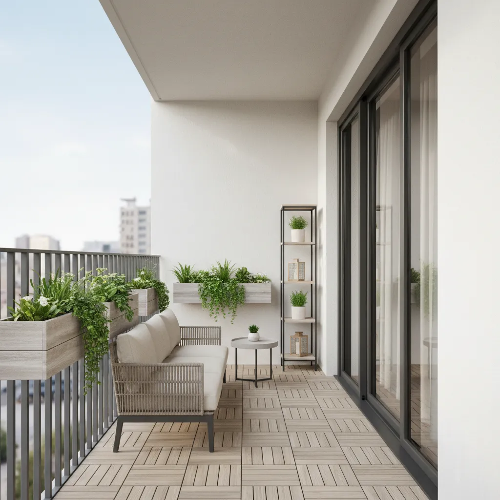 compact apartment balcony about four feet deep with slim furniture and plants