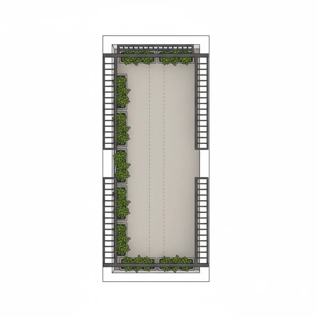 Simple balcony layout diagram showing walking clearance and railing planter placement