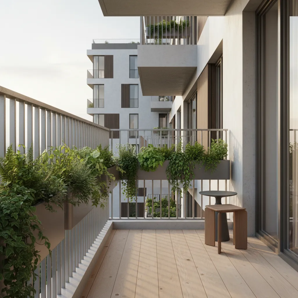Very narrow apartment balcony with railing planters and clear walking path