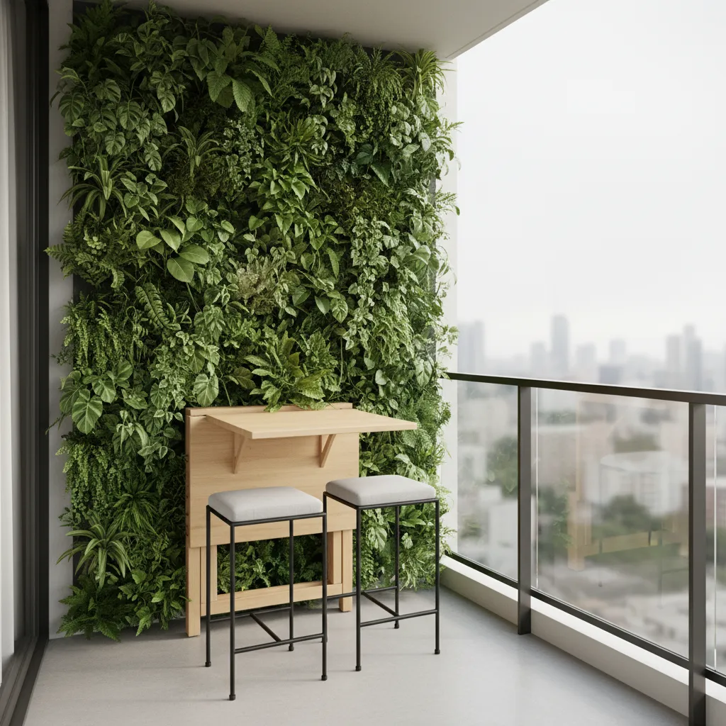 narrow balcony with vertical plant wall and folding furniture