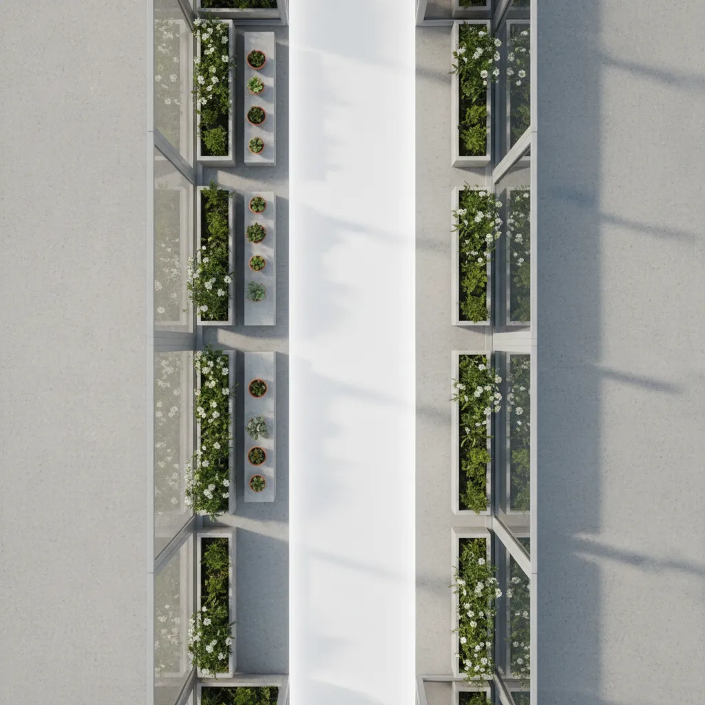 diagram style narrow balcony layout showing clear walking path