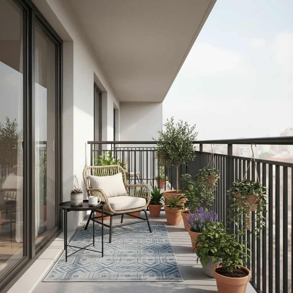 Narrow balcony with seating and plant zones