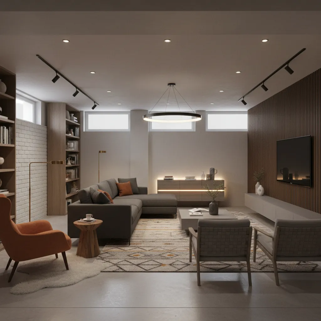 Narrow basement living room with grey sofa orange chair wood wall panel and ceiling lights