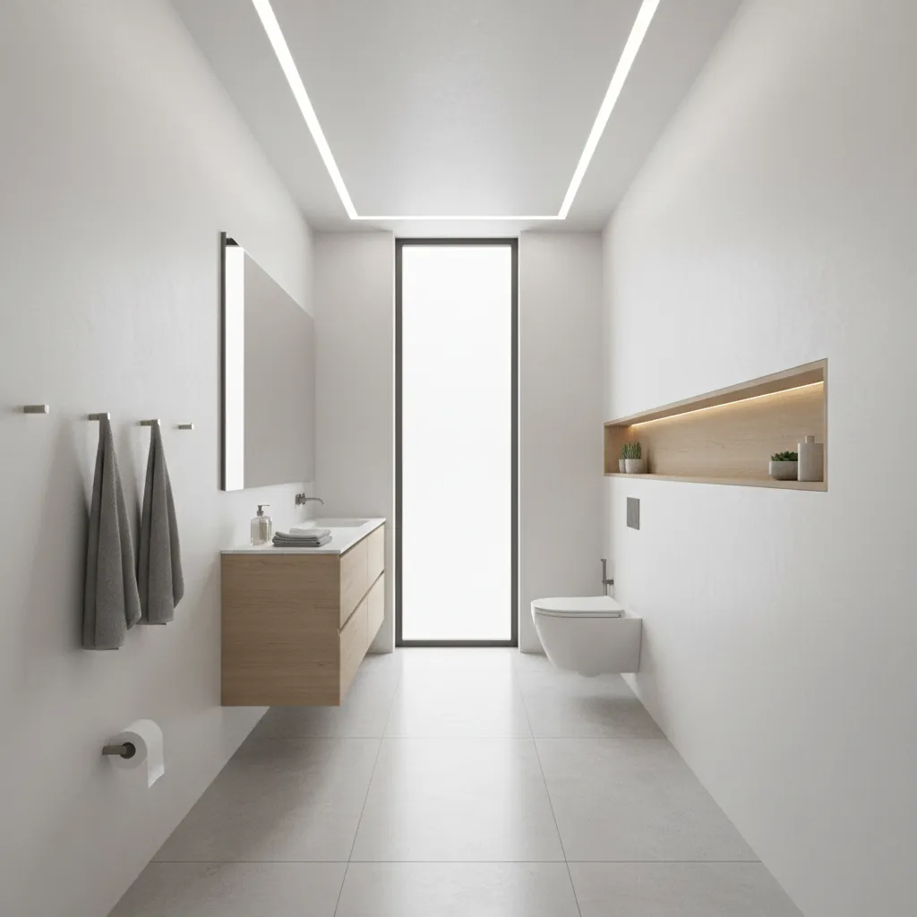 narrow bathroom with vertical storage and wall hooks