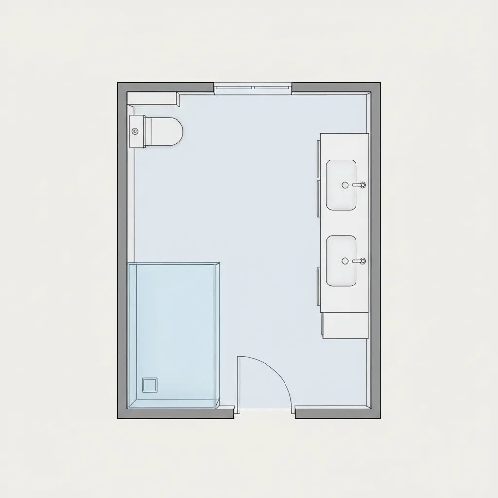 diagram of clearance zones in a narrow 6 x 10 bathroom layout