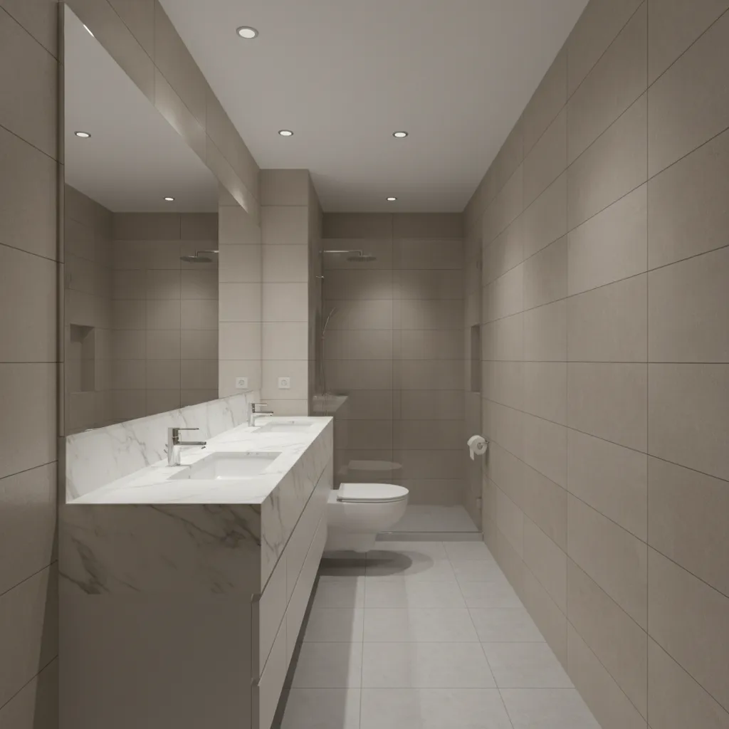 Example of a cramped narrow bathroom layout with poor fixture placement
