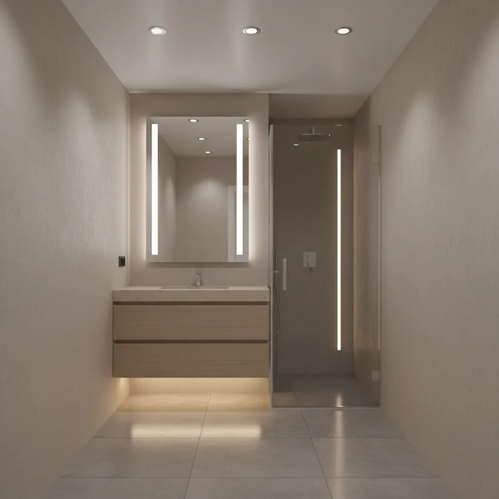Layered lighting design in a narrow bathroom with mirror lights and ceiling lights