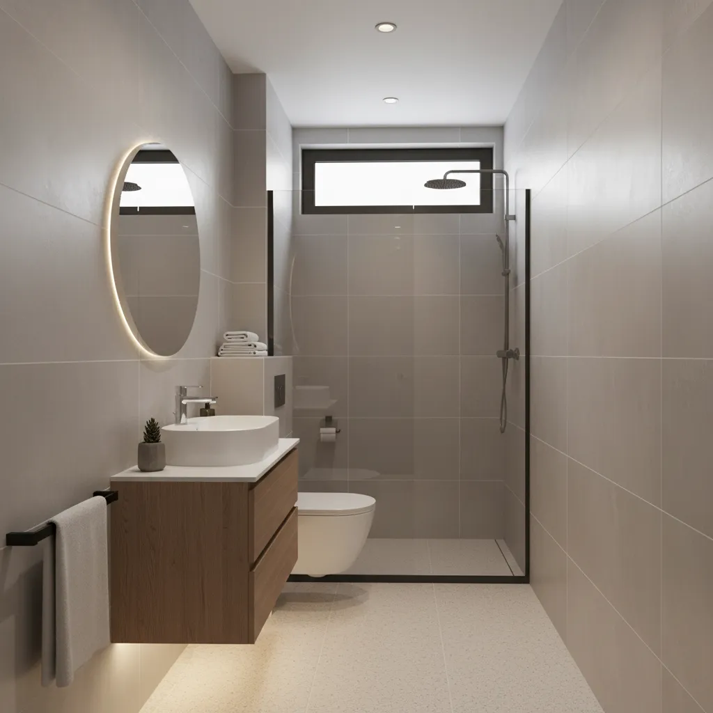 small narrow bathroom interior illustrating spatial constraints