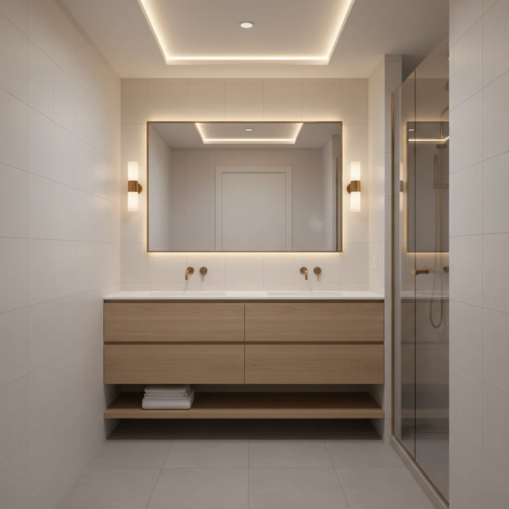 narrow bathroom with layered lighting design