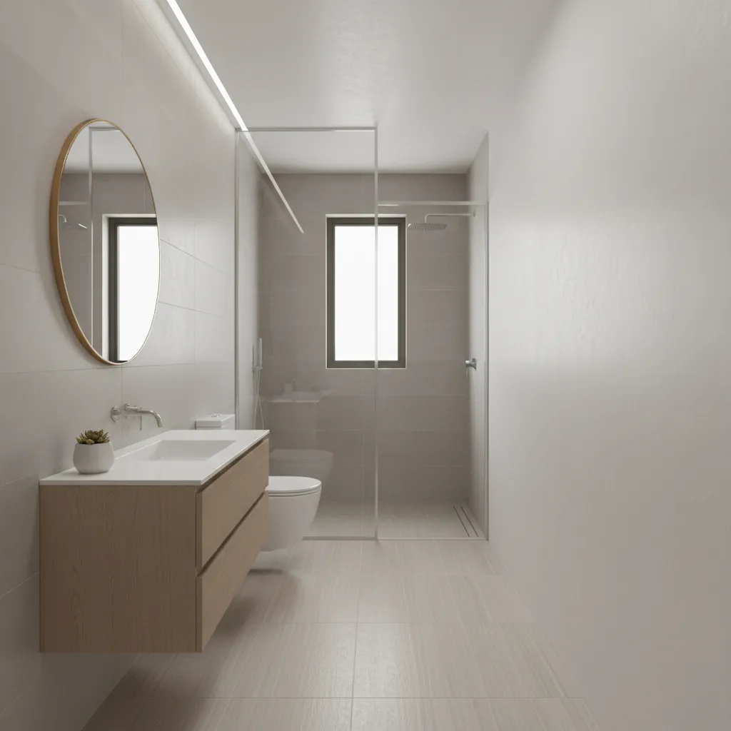 Linear layout example for a 6x12 narrow bathroom with vanity toilet and shower